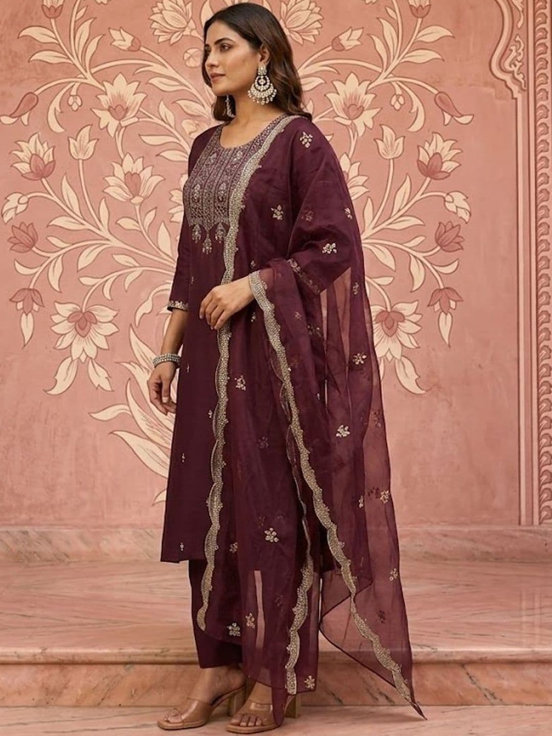NAVYAAZRI Women Ethnic Motifs Embroidered Regular Thread Work Kurta with Trousers & With Dupatta thumbnail 5