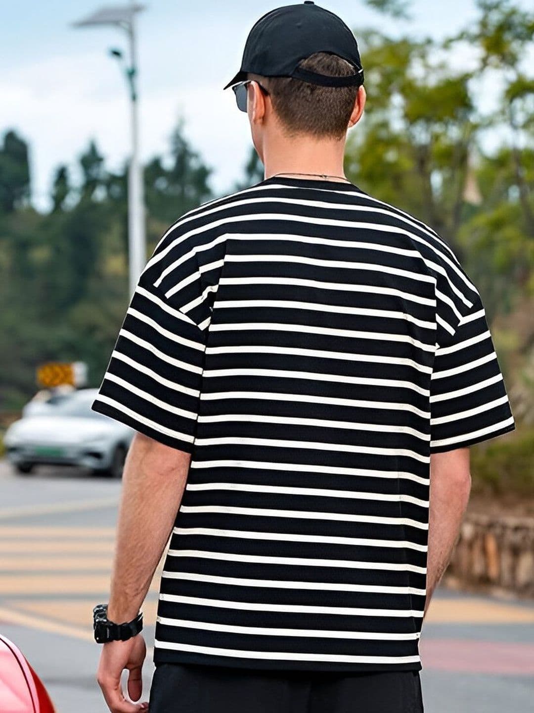 The Roadster Lifestyle Co Striped Oversized-Fit Cotton Round Neck Drop Shoulder T-Shirt thumbnail 3