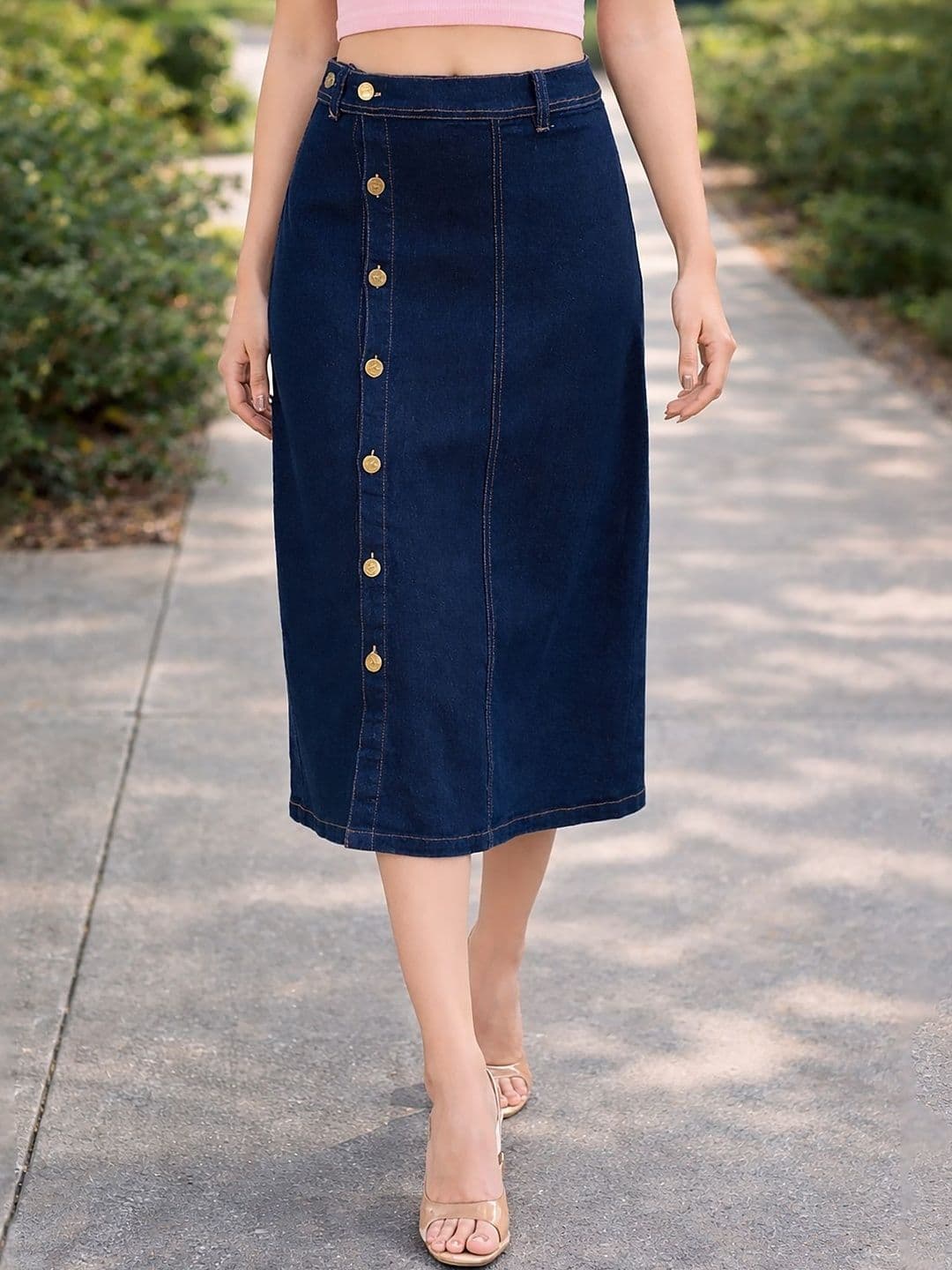 Ira Collections Women Denim Back Slit Midi A-Line Skirt thumbnail 3