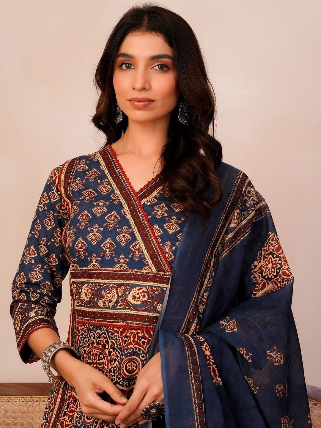 Indo Era Women Ethnic Motifs Printed Angrakha Pure Cotton Kurta with Trousers & With Dupatta thumbnail 2