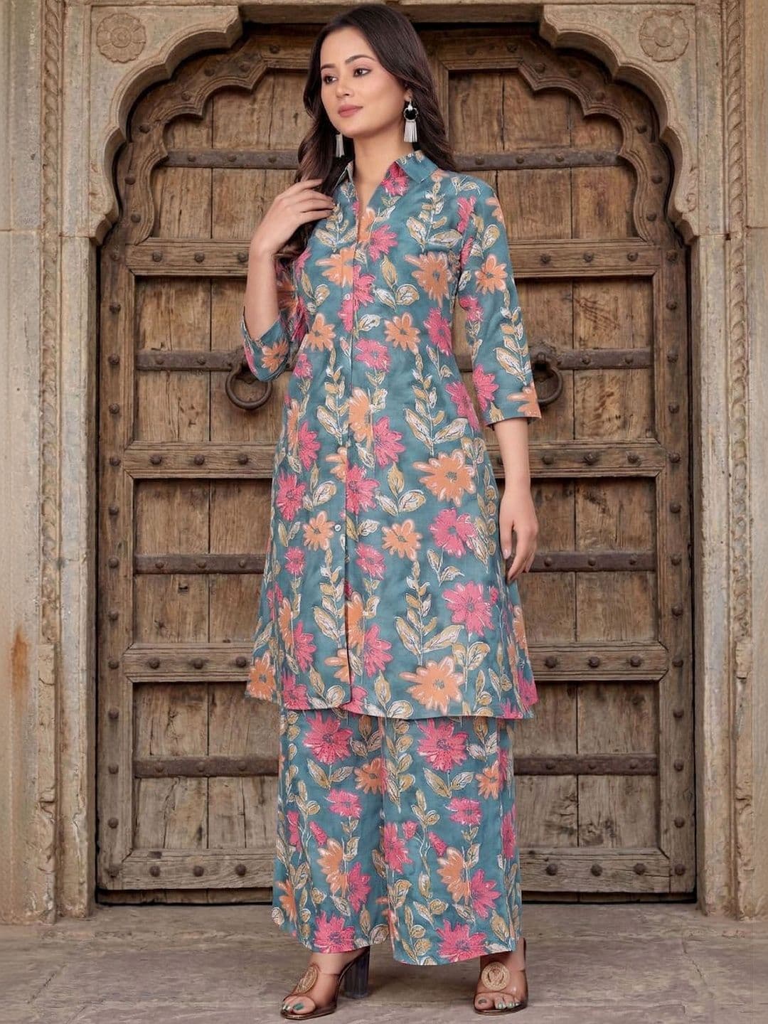 HERE&NOW Floral Cotton Printed Tunic with Palazzos thumbnail 5