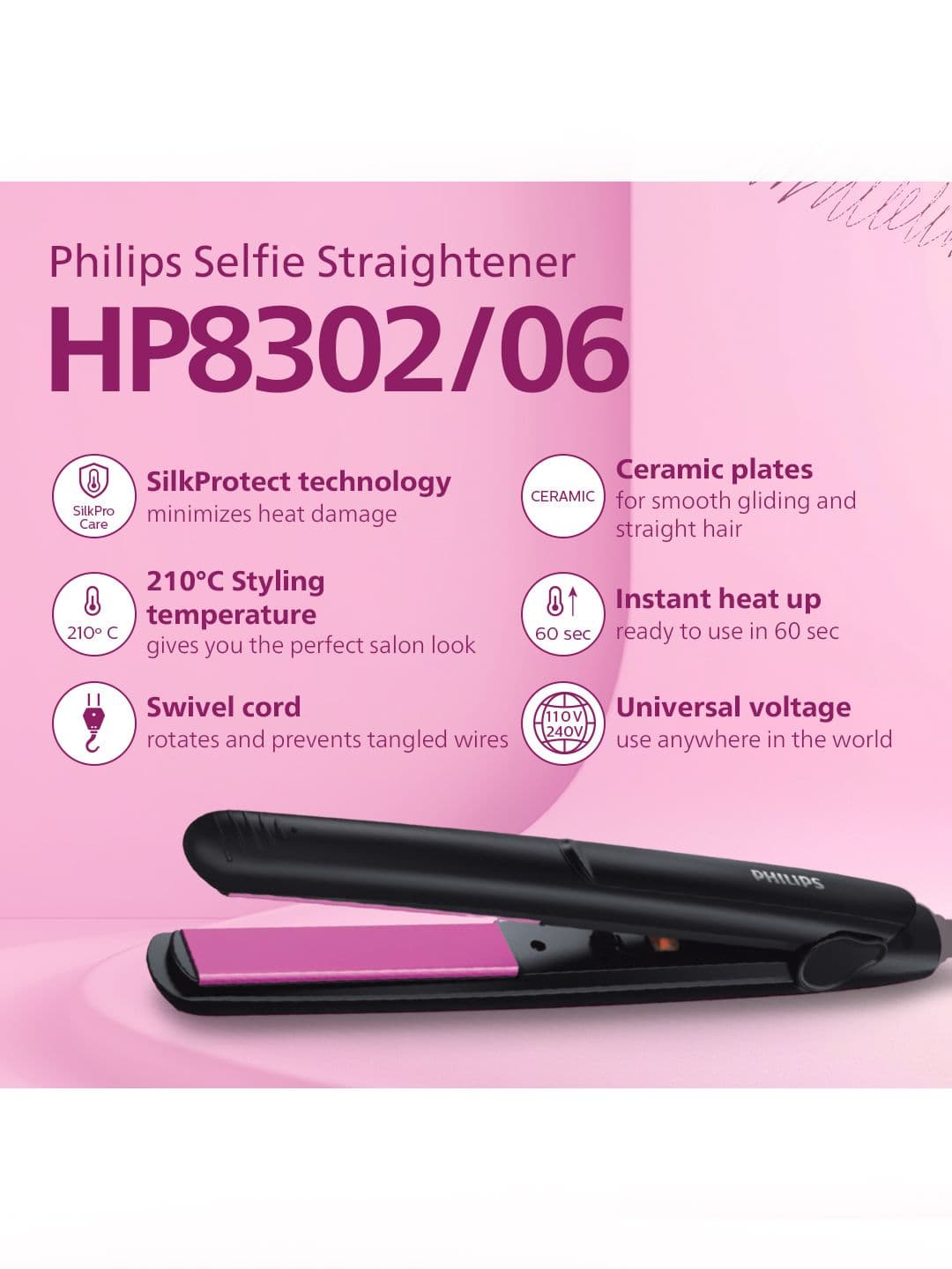 Philips HP8302/06 Selfie SilkPro Care Hair Straightener with Ceramic Plates- Black thumbnail 2