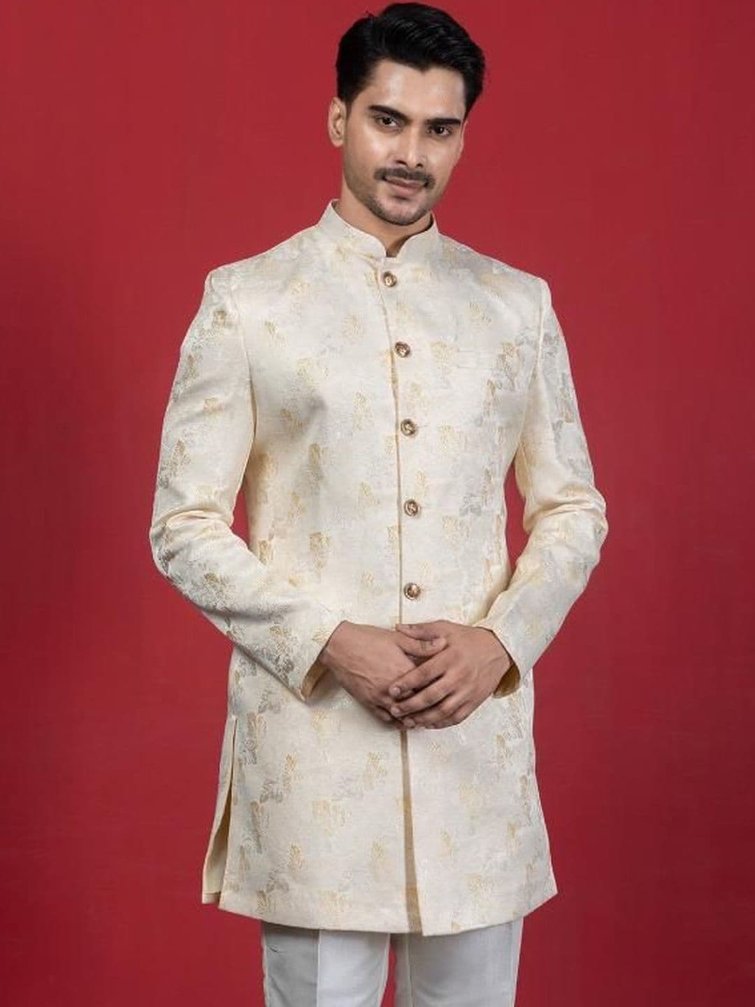 EKYAA Men Mandarin Collar Sherwani thumbnail 2