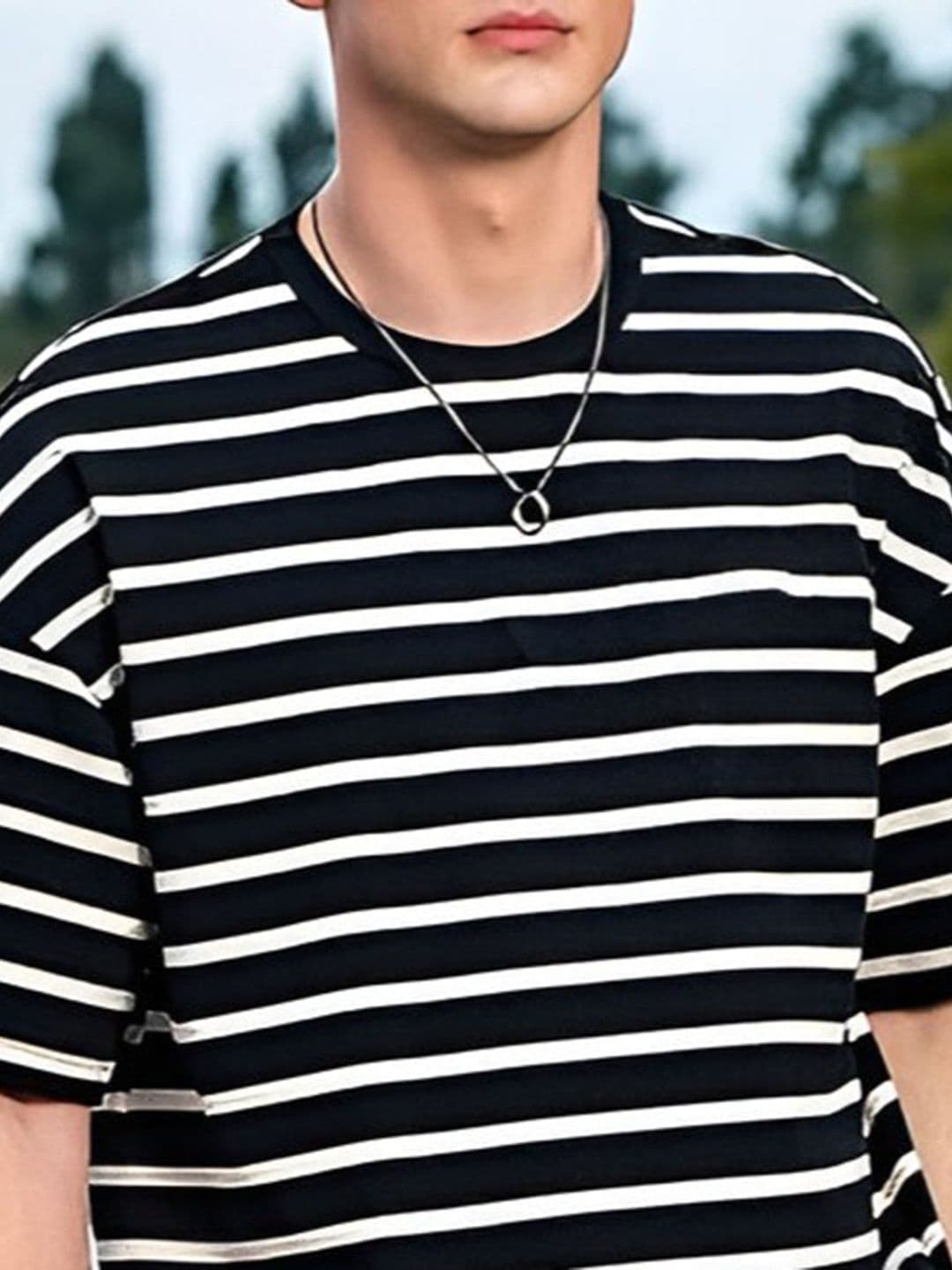 The Roadster Lifestyle Co Striped Oversized-Fit Cotton Round Neck Drop Shoulder T-Shirt thumbnail 2