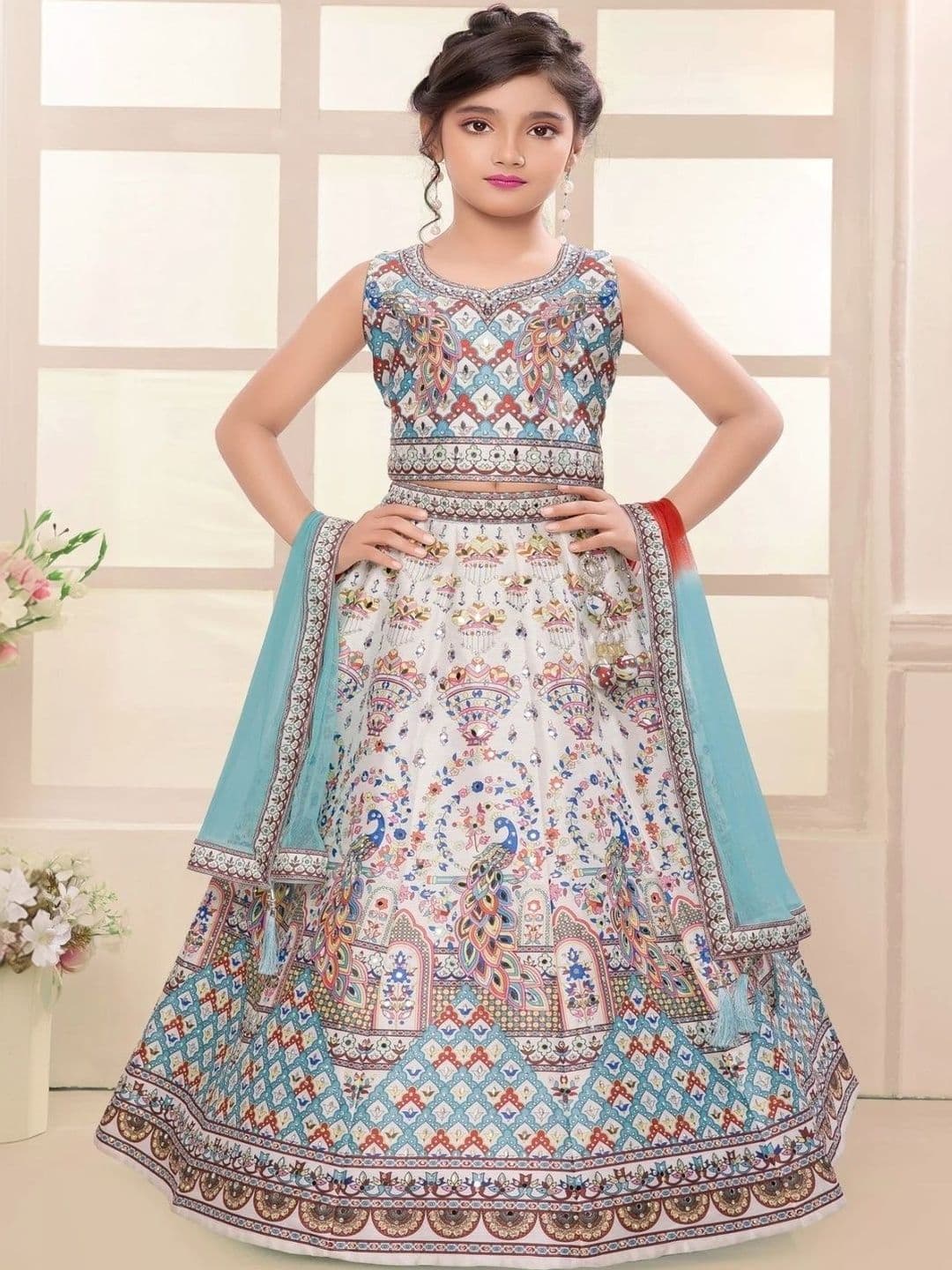 Sangria Girls Embellished Sweetheart Neck Lehenga With Choli & Dupatta thumbnail 4