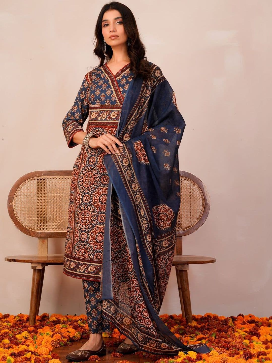 Indo Era Women Ethnic Motifs Printed Angrakha Pure Cotton Kurta with Trousers & With Dupatta thumbnail 6