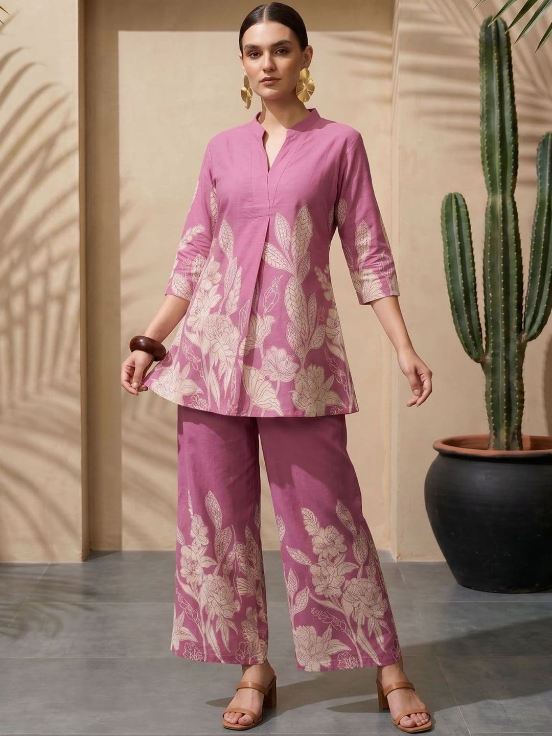 IMANA Floral Cotton Printed Tunic with Palazzos - view 1