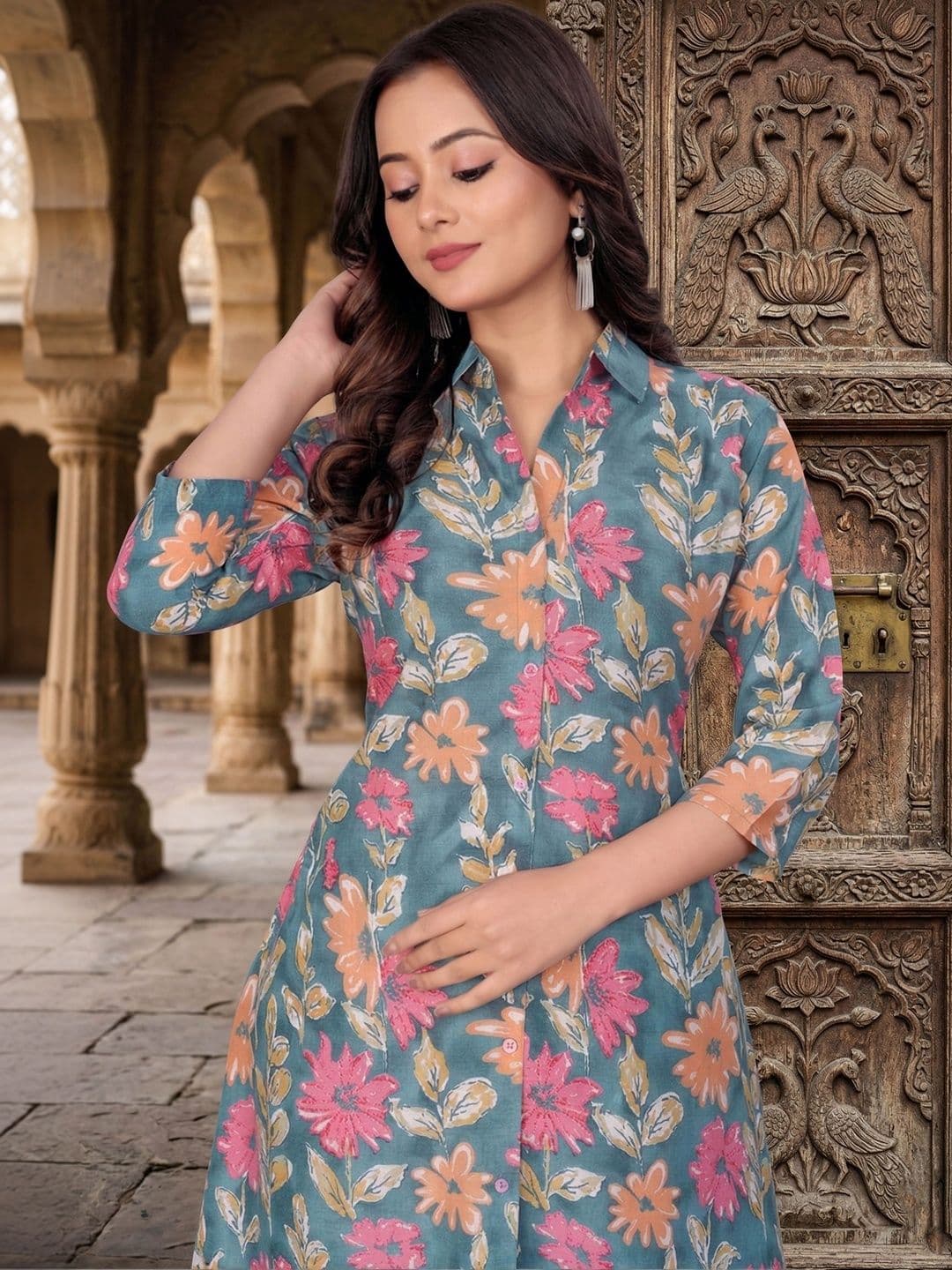 HERE&NOW Floral Cotton Printed Tunic with Palazzos thumbnail 4