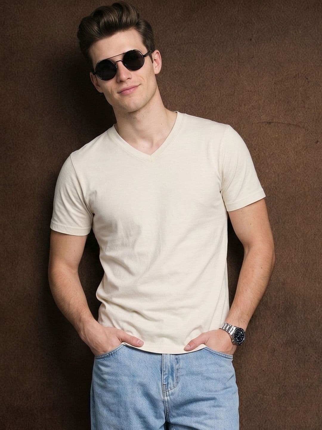 VEIRDO Men V-Neck Pure Cotton Raw Edge T-shirt thumbnail 7