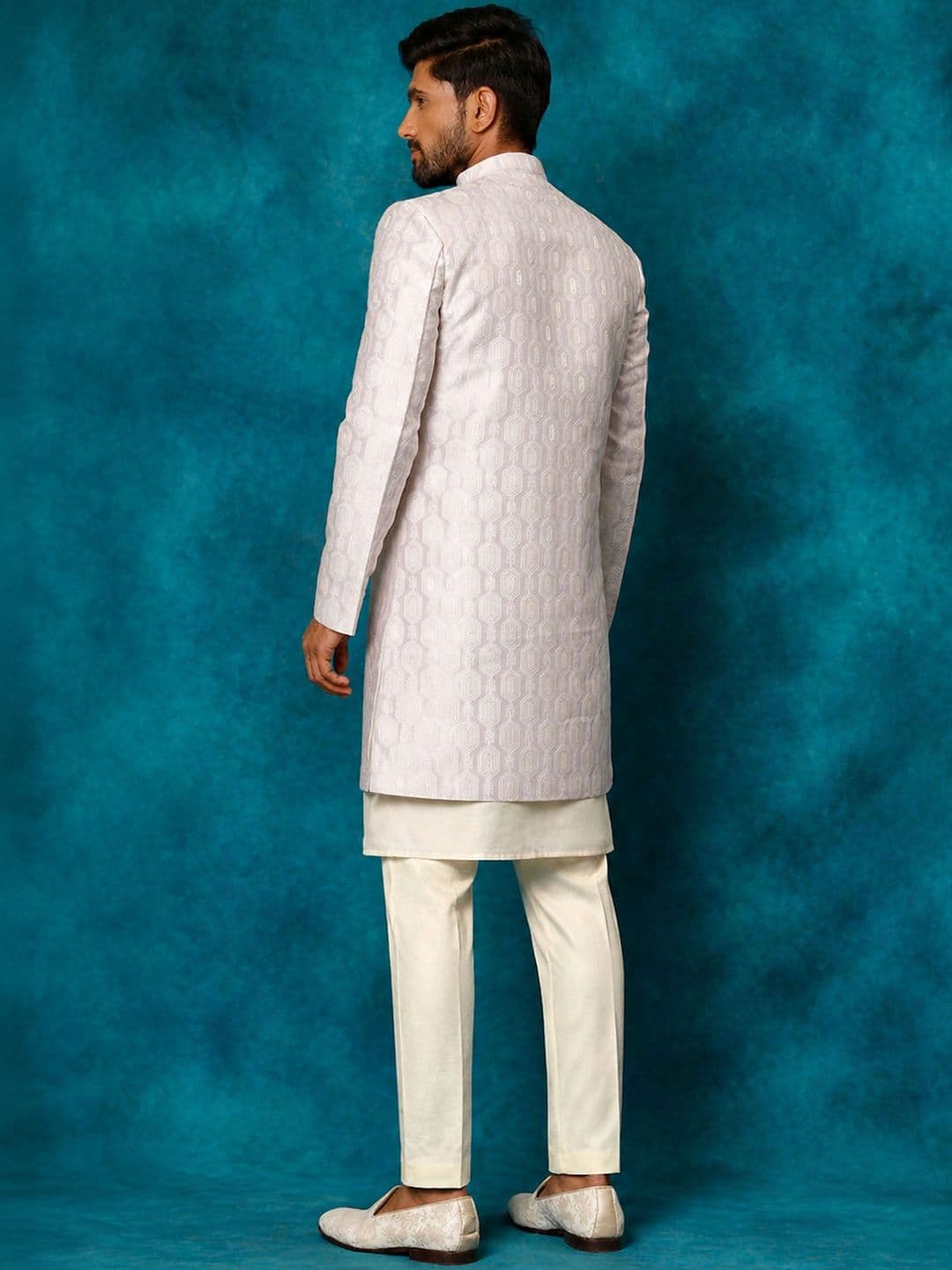 VASTRAMAY Woven Design Mandarin Collar Indo-Western Sherwani Set thumbnail 2