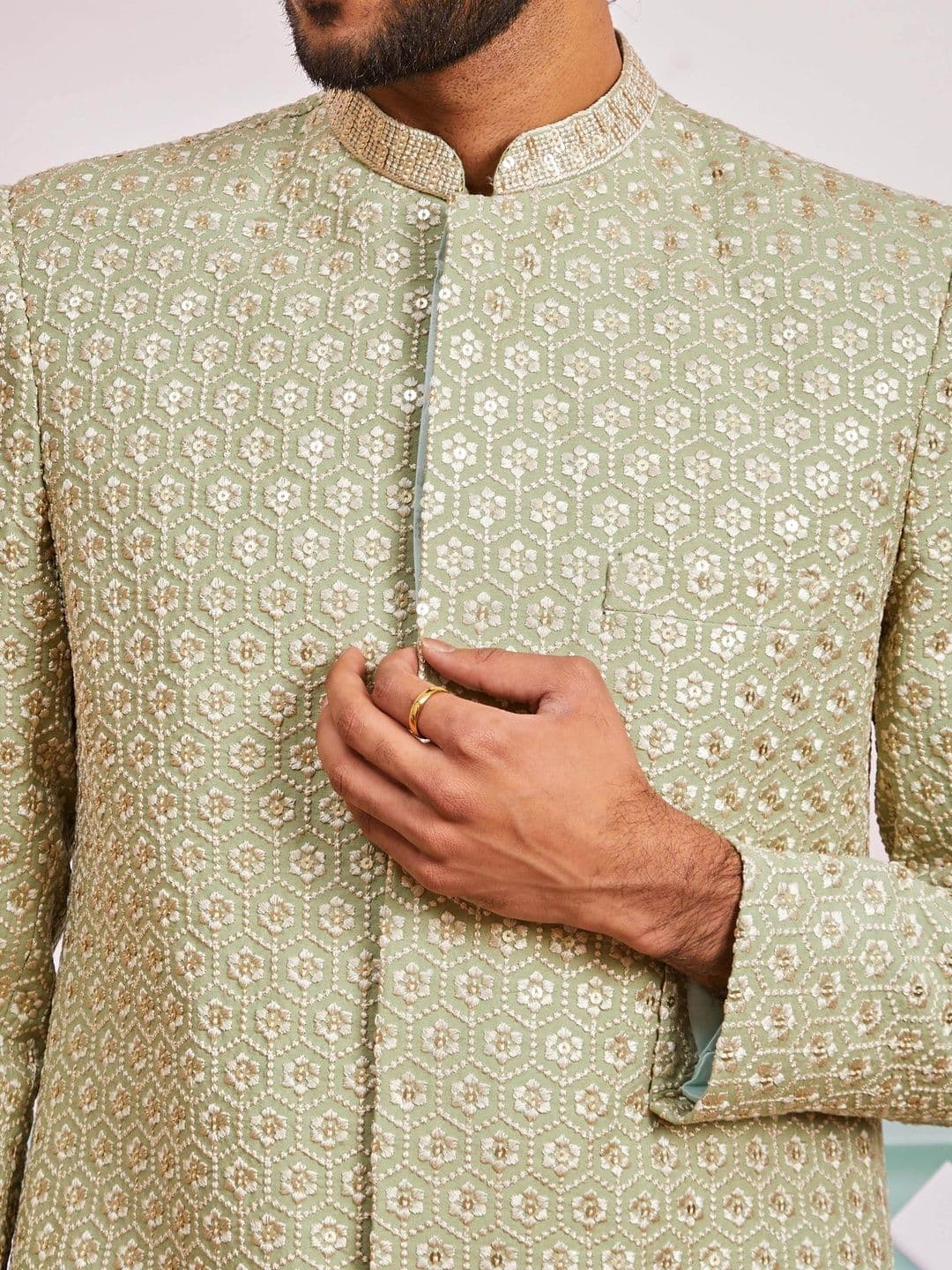 VASTRAMAY Embroidered Mandarin Collar Indo-Western Sherwani Set thumbnail 3