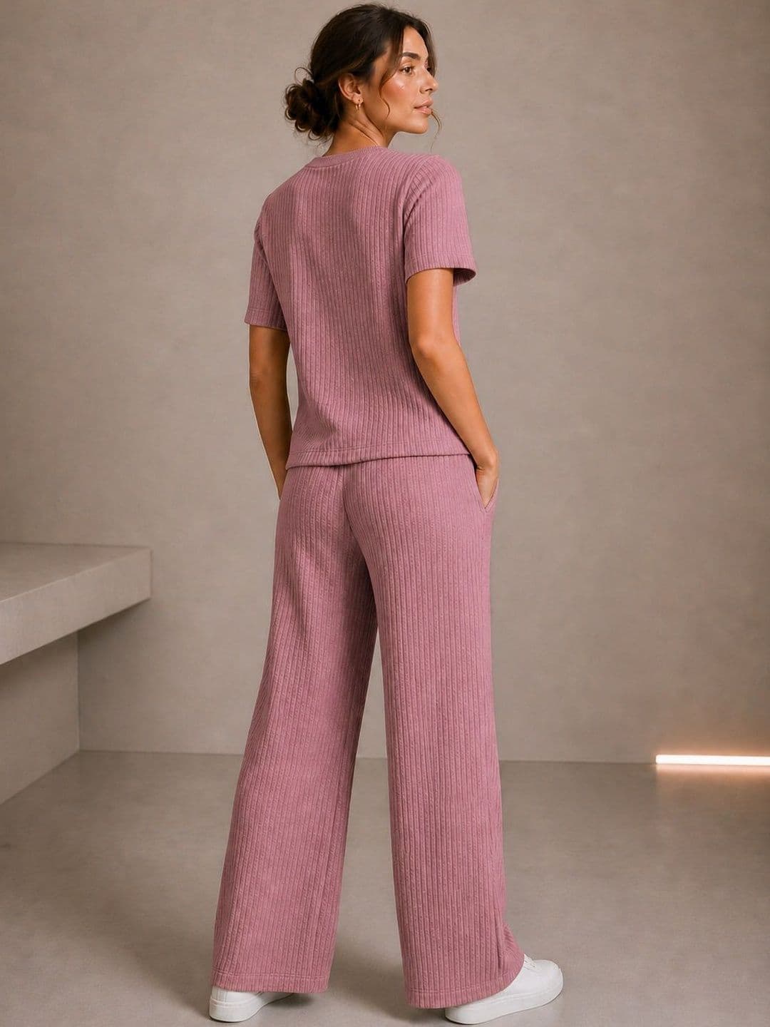 Chemistry Knitted Self Design T-shirt with Palazzos thumbnail 3
