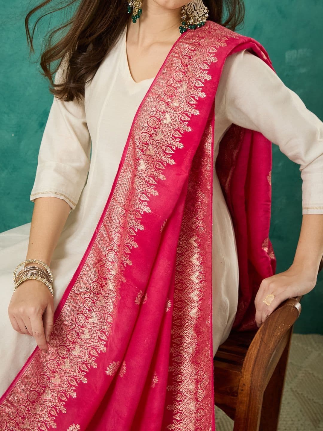 VASVI Ethnic Motifs Woven Design Cotton Silk Dupatta with Zari thumbnail 2