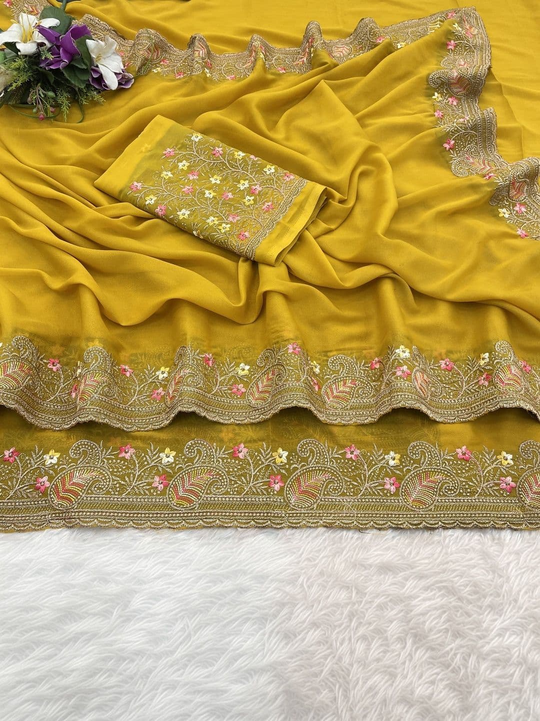 Saanvi Floral Embroidered Poly Georgette Heavy Work Saree thumbnail 3