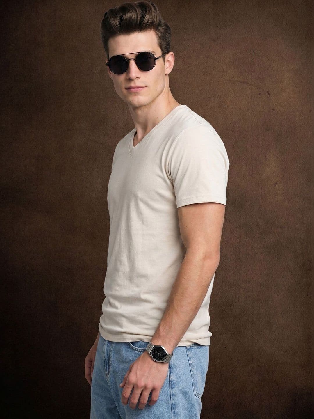 VEIRDO Men V-Neck Pure Cotton Raw Edge T-shirt thumbnail 2