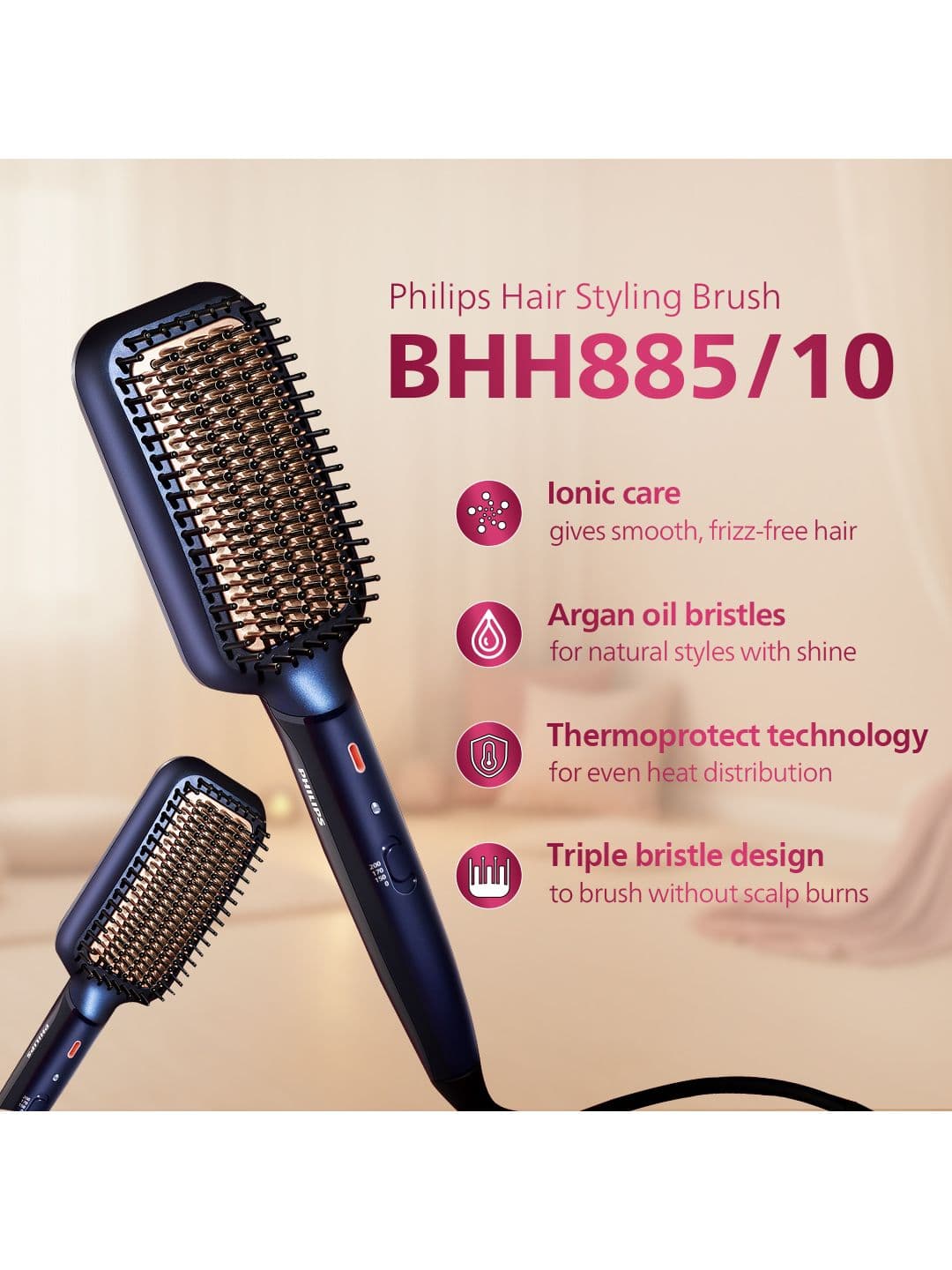 Philips BHH885/10 Hair Straightener Brush ThermoProtect Technology Ionic Care- Navy Blue thumbnail 5