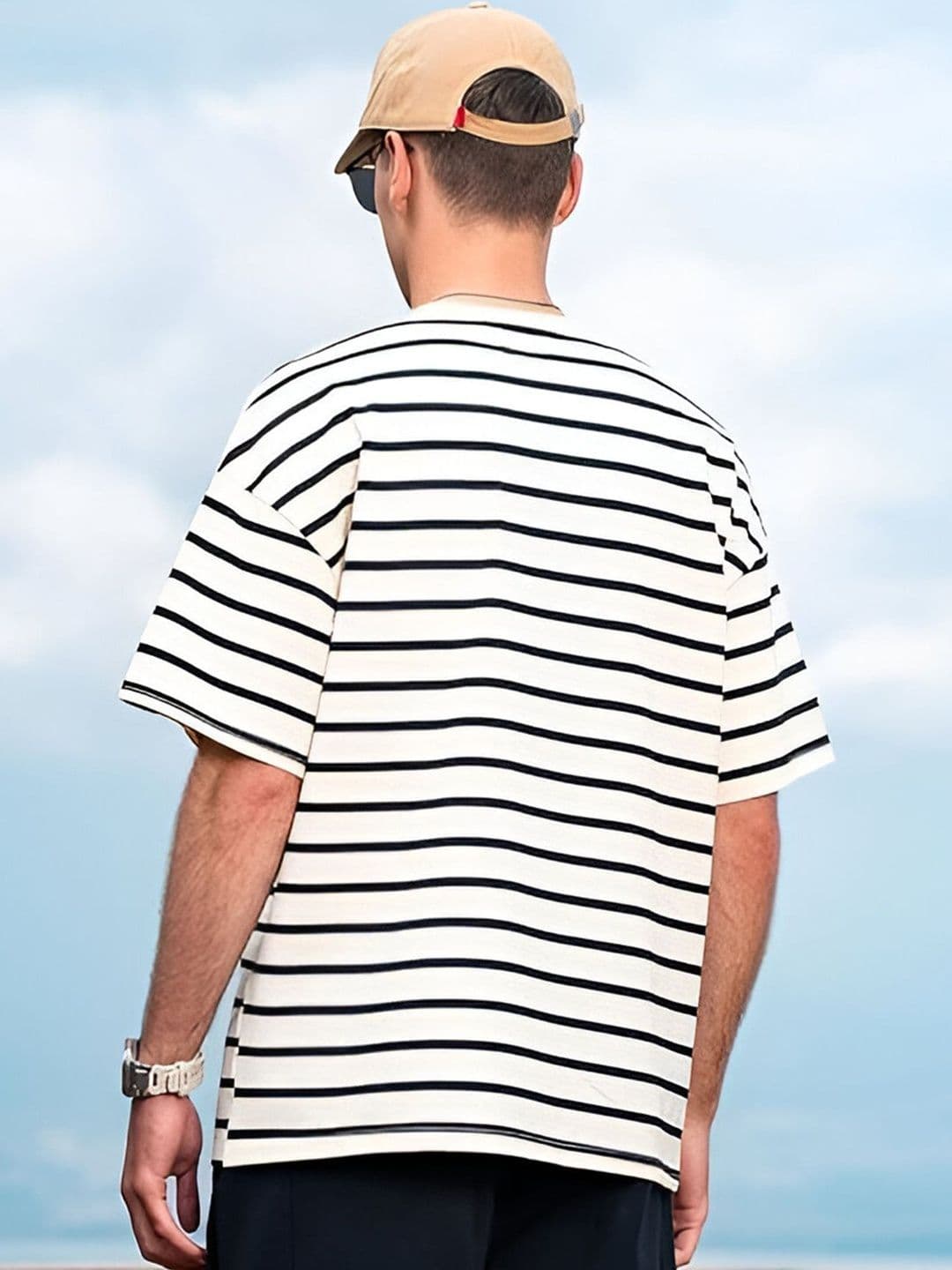The Roadster Lifestyle Co. Striped Organic Cotton Round Neck Oversized T-shirt thumbnail 5
