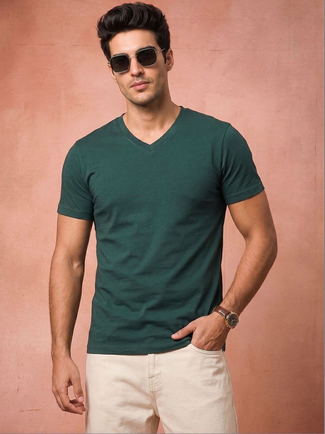 VEIRDO Men V-Neck Pure Cotton Raw Edge T-shirt - view 1
