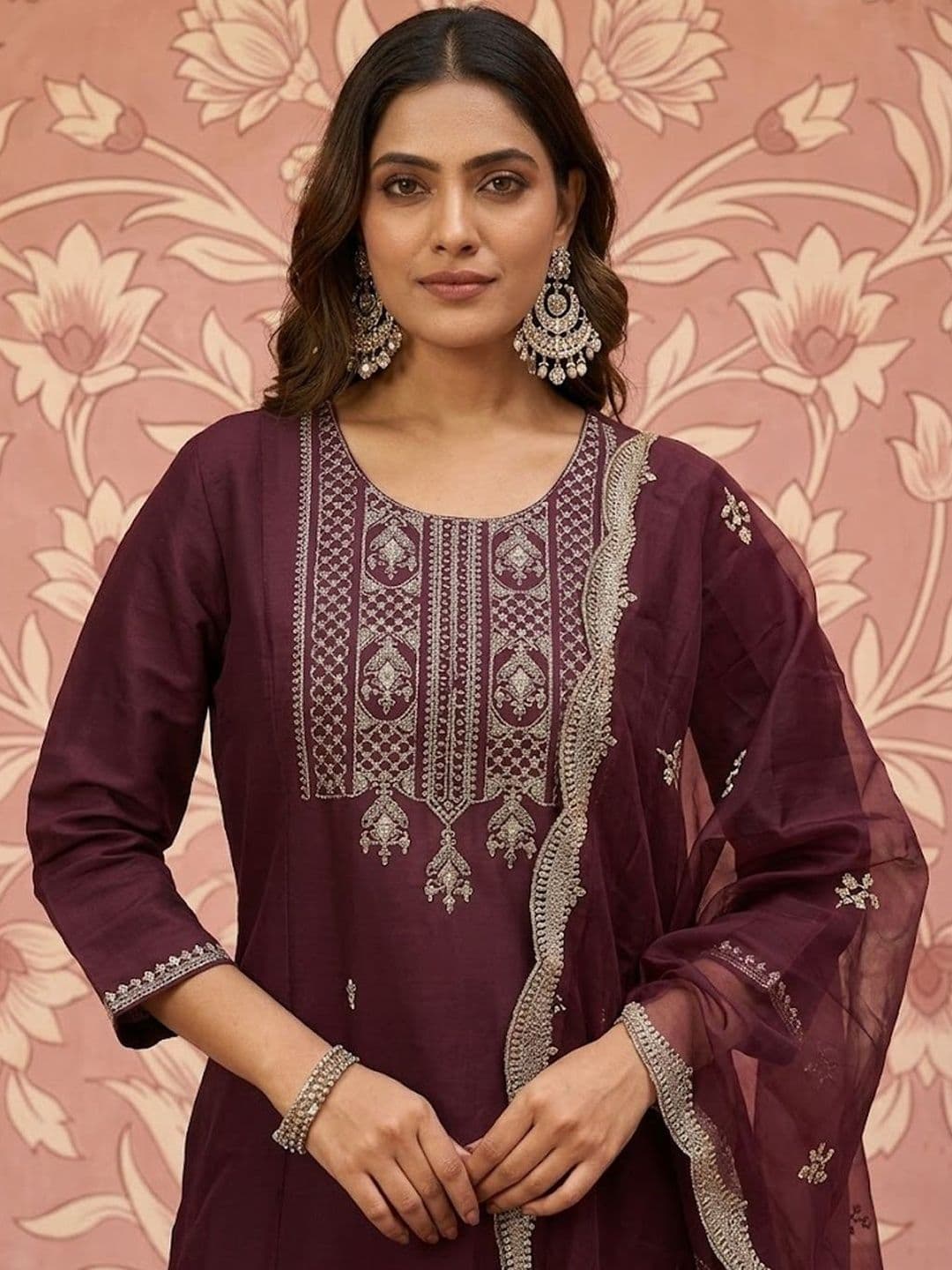 NAVYAAZRI Women Ethnic Motifs Embroidered Regular Thread Work Kurta with Trousers & With Dupatta thumbnail 3