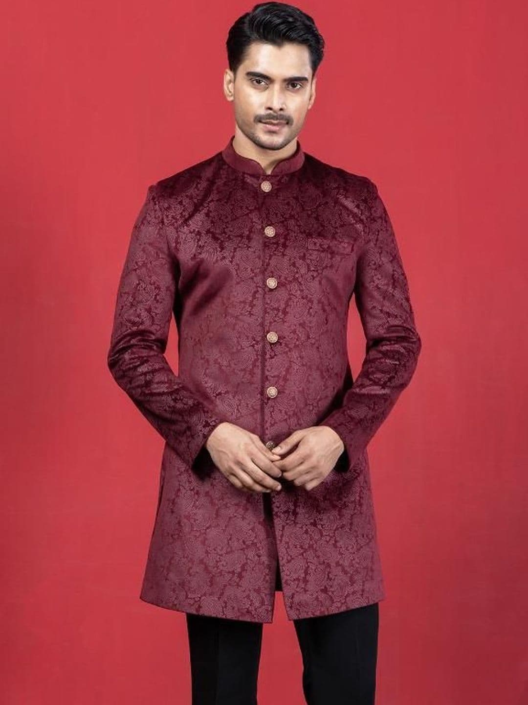 EKYAA Men Mandarin Collar Sherwani thumbnail 2