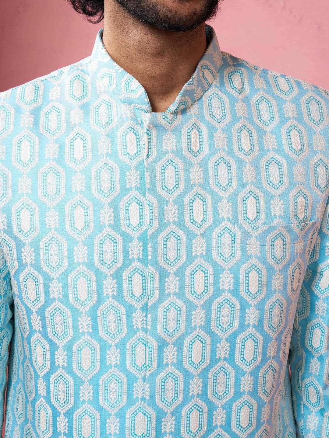 VASTRAMAY Woven Design Mandarin Collar Indo-Western Sherwani Set thumbnail 3