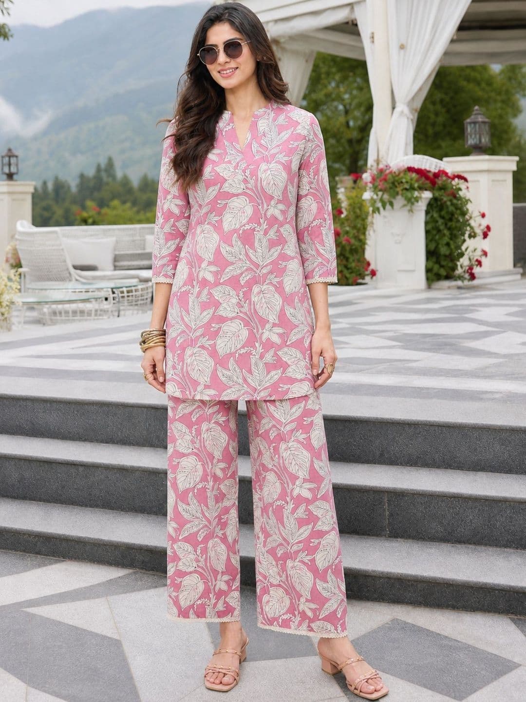 Sangria Floral Cotton Printed Tunic with Palazzos thumbnail 2