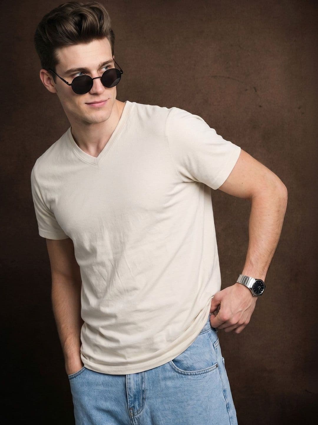 VEIRDO Men V-Neck Pure Cotton Raw Edge T-shirt thumbnail 4