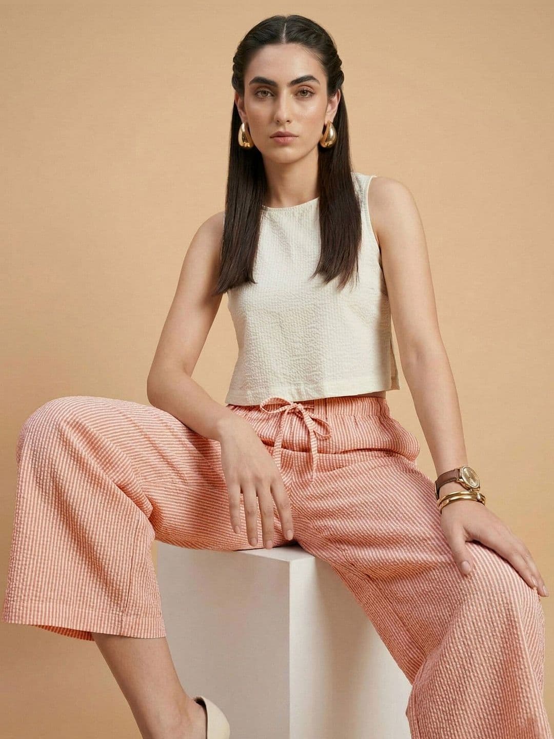 Moda Rapido Women Striped Straight Fit Easy Wash Culottes Trousers thumbnail 4