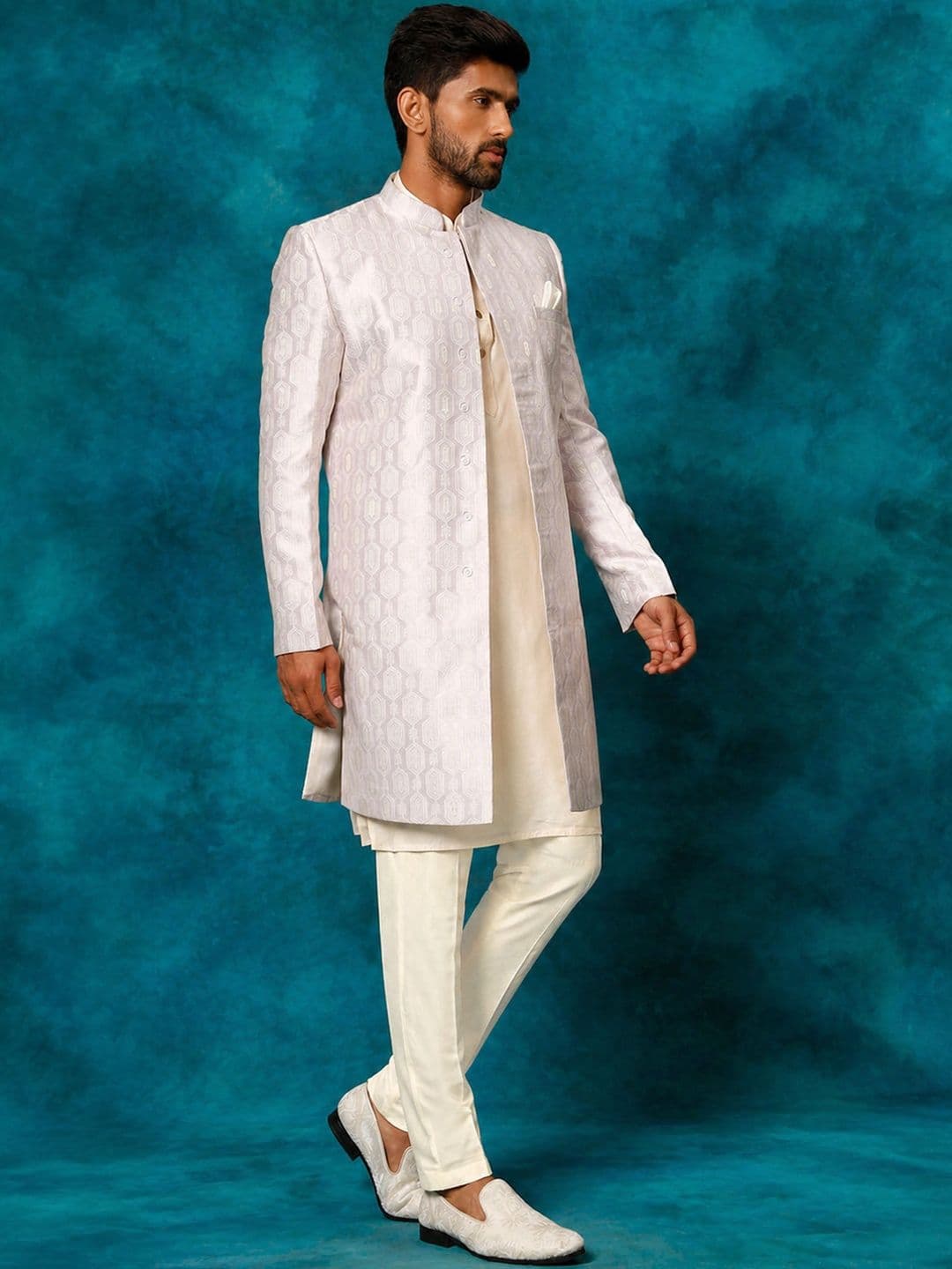 VASTRAMAY Woven Design Mandarin Collar Indo-Western Sherwani Set thumbnail 4