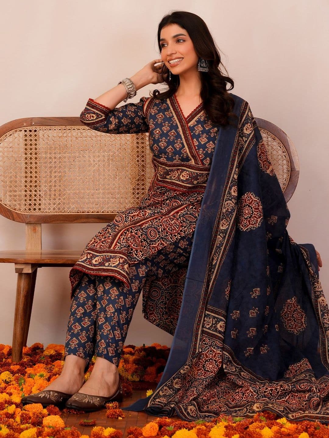 Indo Era Women Ethnic Motifs Printed Angrakha Pure Cotton Kurta with Trousers & With Dupatta thumbnail 4
