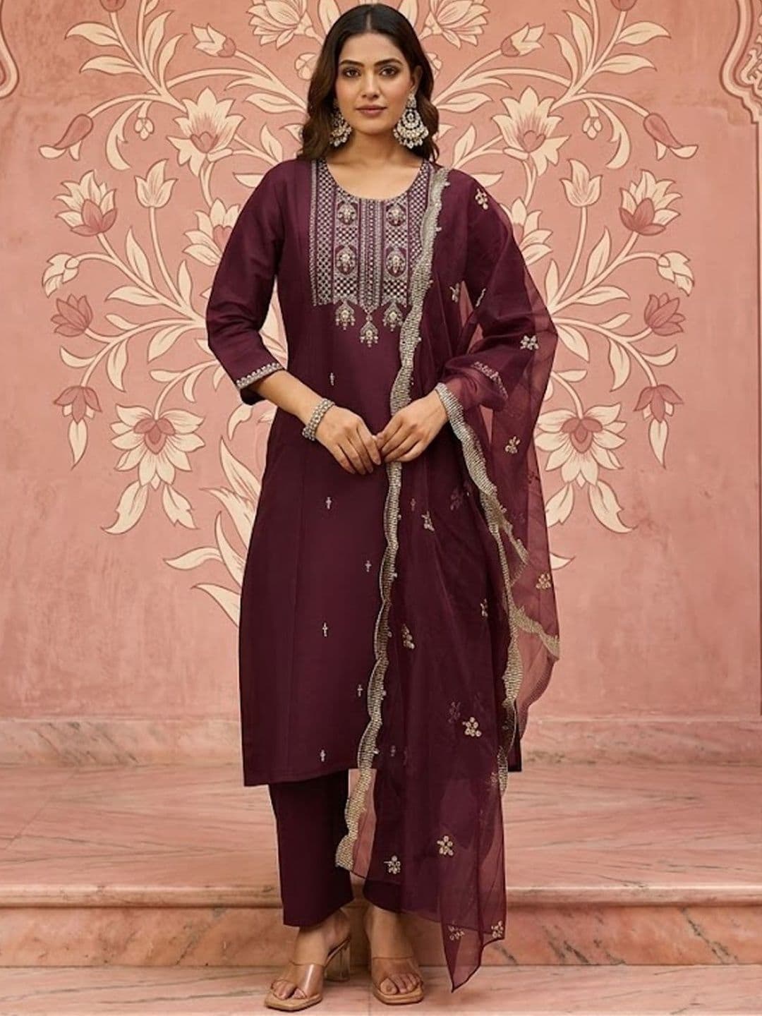 NAVYAAZRI Women Ethnic Motifs Embroidered Regular Thread Work Kurta with Trousers & With Dupatta - view 1