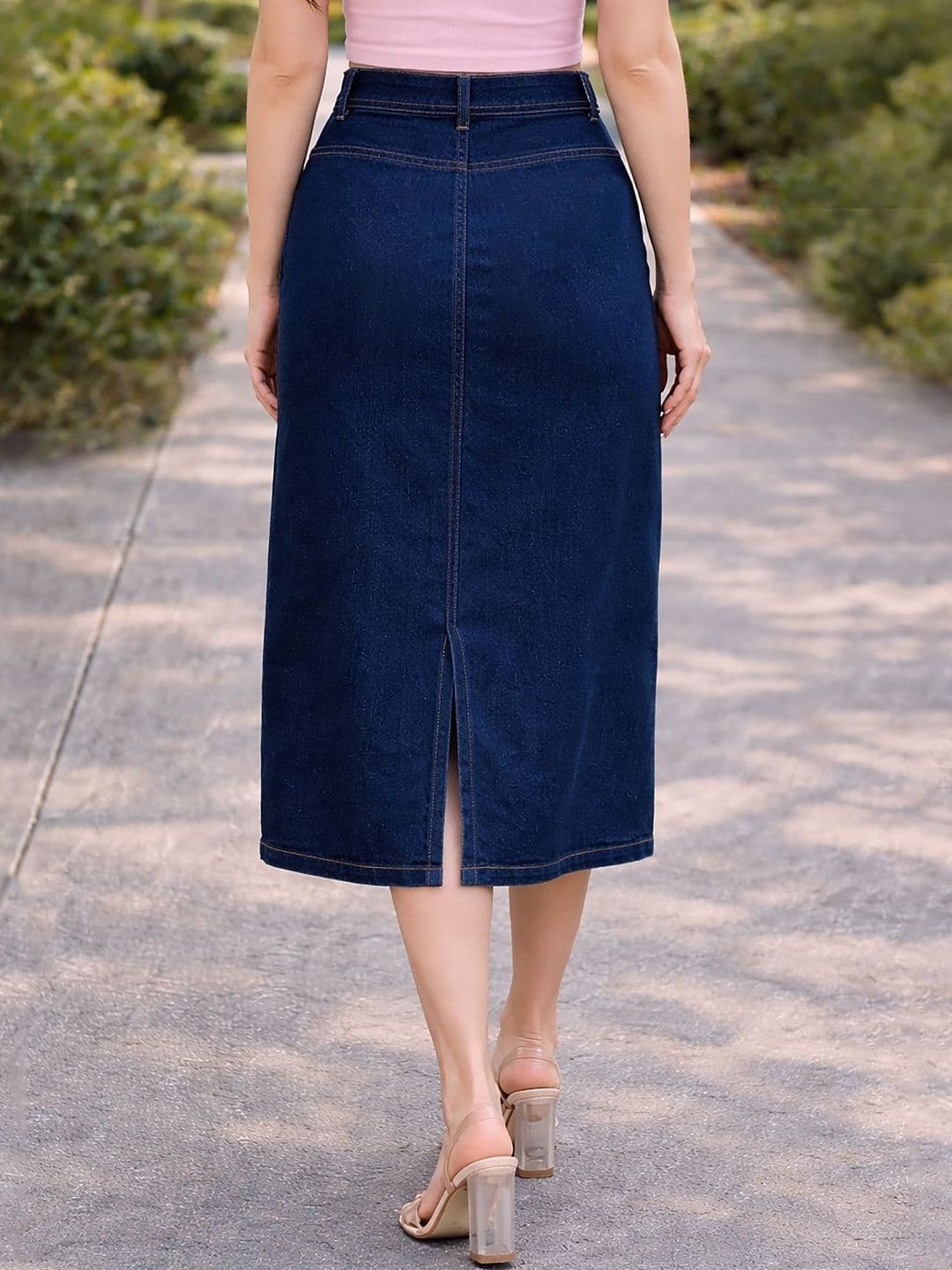 Ira Collections Women Denim Back Slit Midi A-Line Skirt thumbnail 4