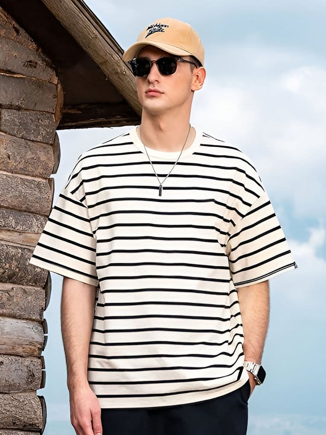 The Roadster Lifestyle Co. Striped Organic Cotton Round Neck Oversized T-shirt thumbnail 2