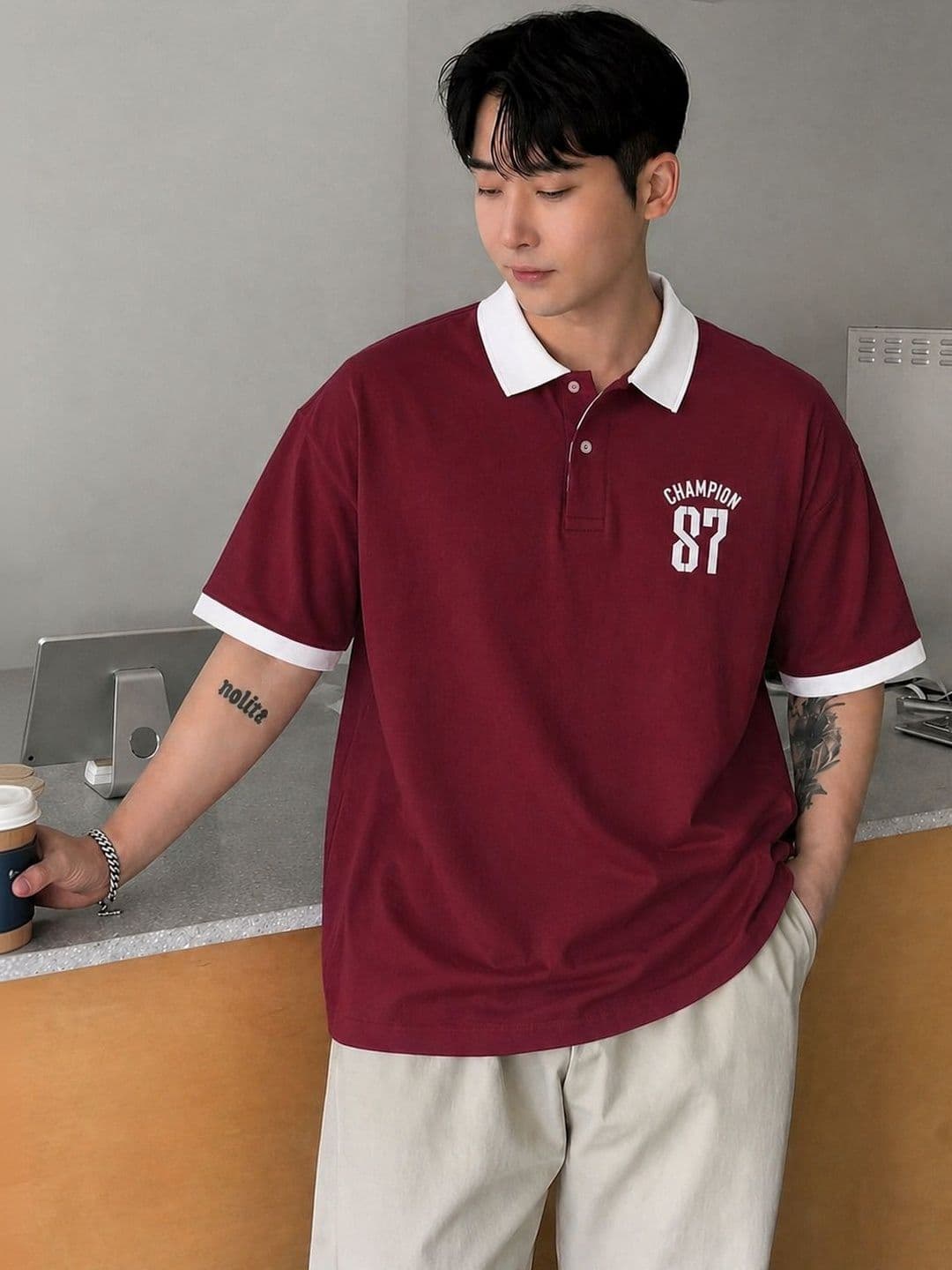 SCUBA Typography Printed Polo Collar Pure Cotton T-shirt - view 1