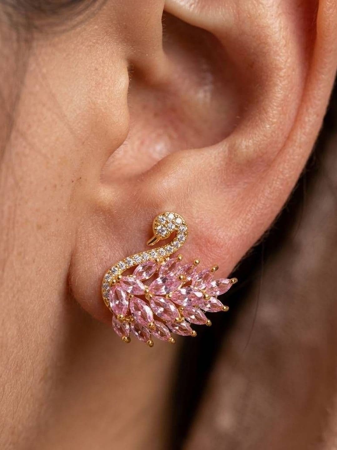 AKISON JEWELS Gold-Plated Cubic Zirconia Studded Animal Shaped Studs Earrings thumbnail 6