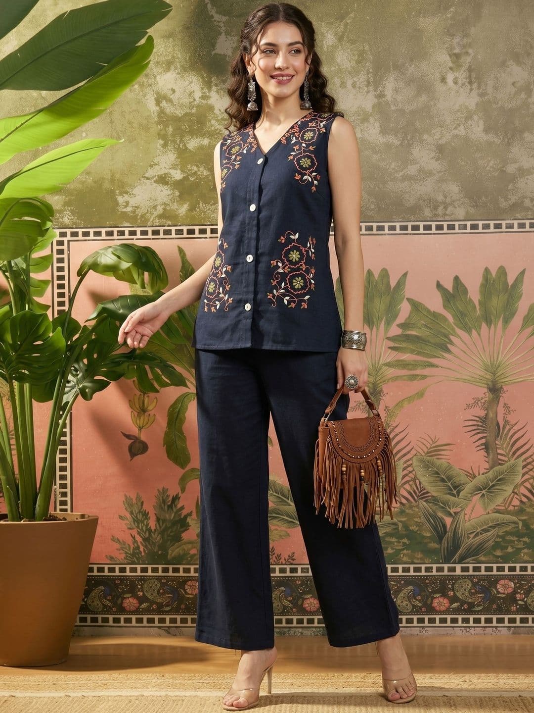 Sangria Bohemian Cotton Embroidered Top with Trousers - view 1