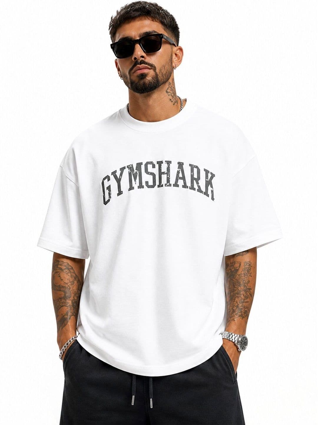 HASTEN GYMSHARK Brand Logo Round Neck Oversized T-shirt - view 1