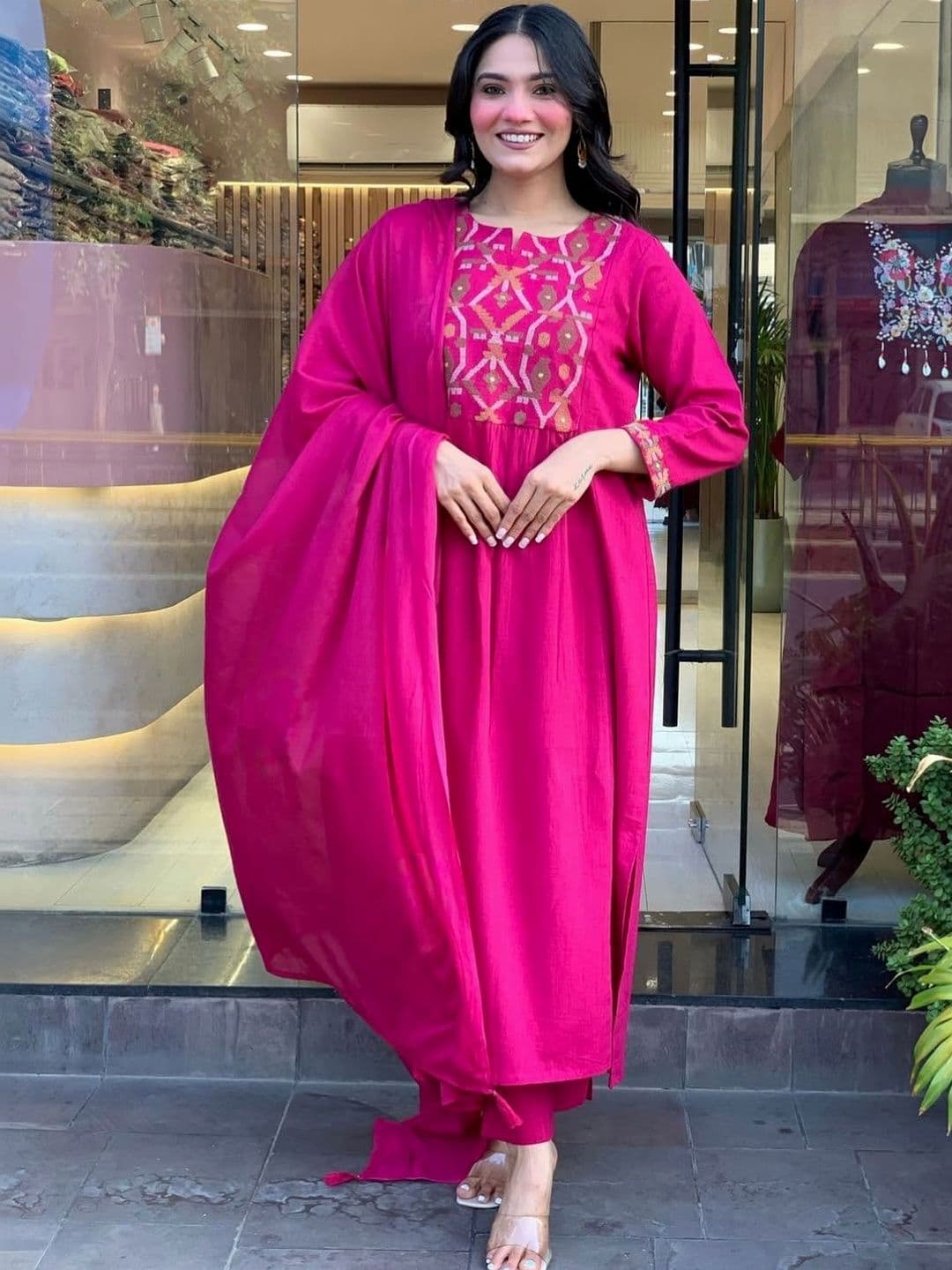 ANAND Women Ethnic Motifs Embroidered Pleated Thread Work Kurta with Trousers & With Dupatta thumbnail 3