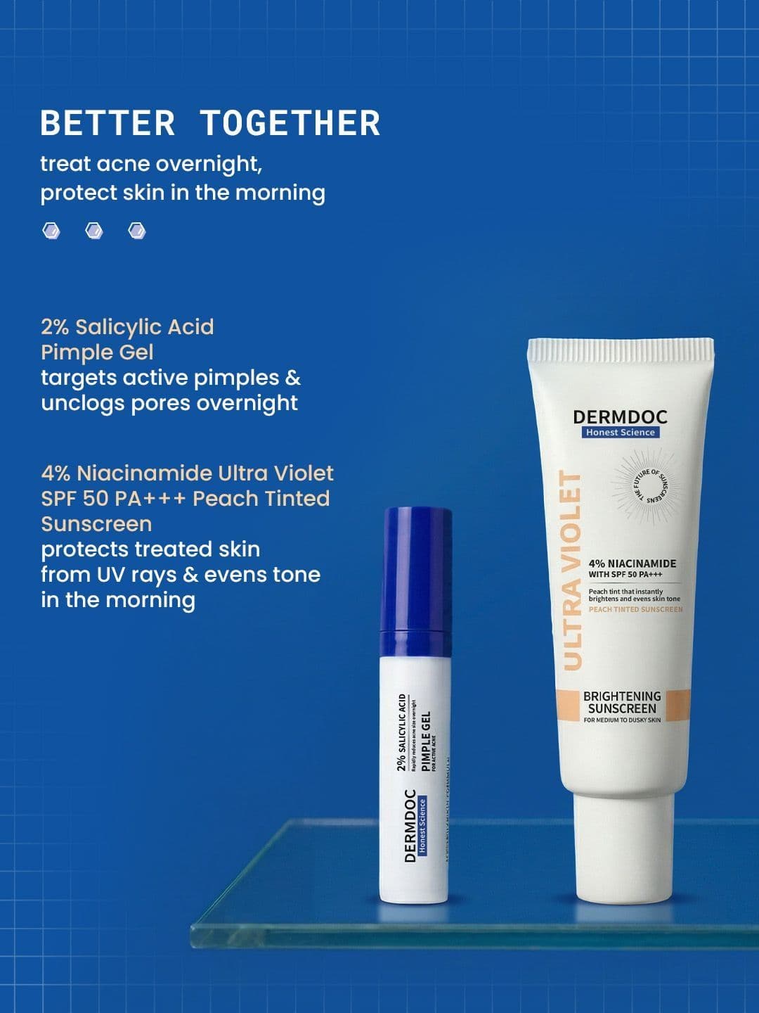 DermDoc Set Of 2 SPF 50 Peach Tinted Sunscreen -50 g & 2% Salicylic Acid Pimple Gel - 5ml thumbnail 3