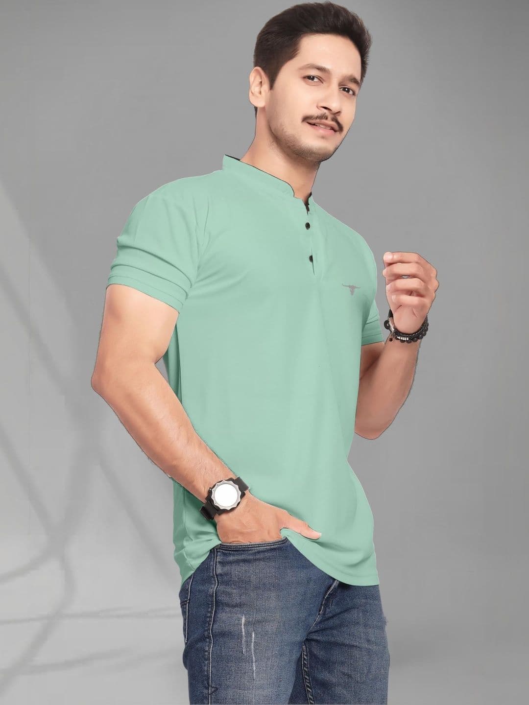U and J Men Brand Logo Mandarin Collar T-shirt thumbnail 5