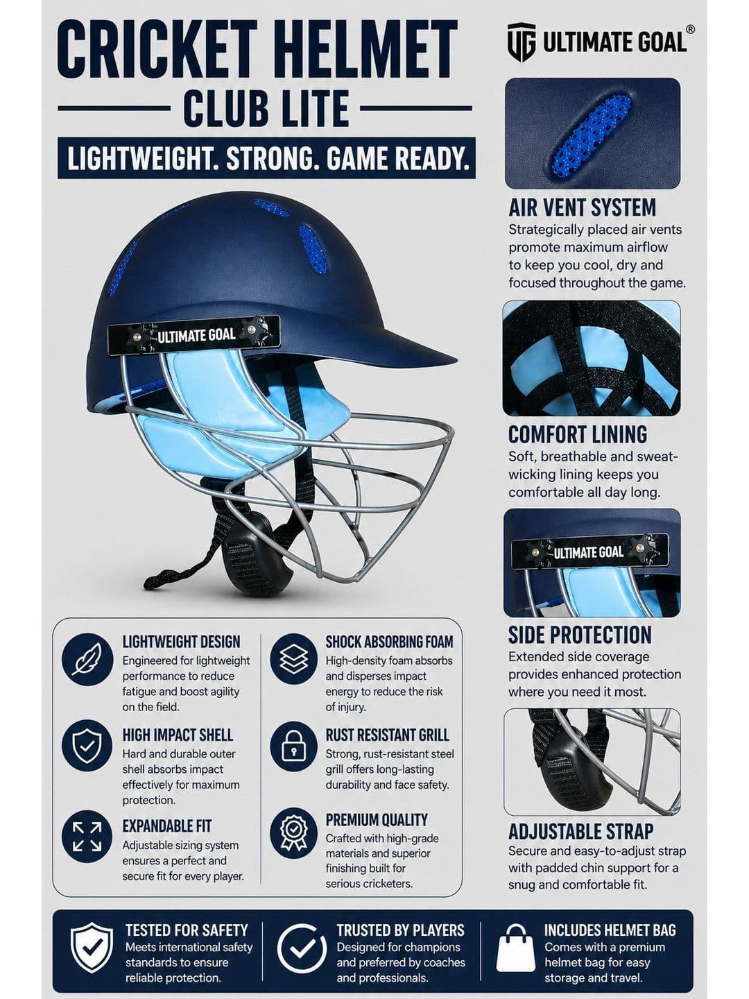 UG SPORTS Club Lite Series Full Face Scratch Resistant Cricket Helmet thumbnail 4