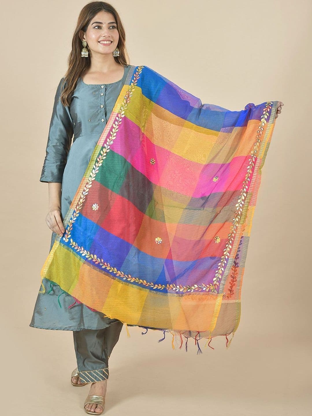 Kuhika Woven Design Art Silk Dupatta with Mirror Work - view 1