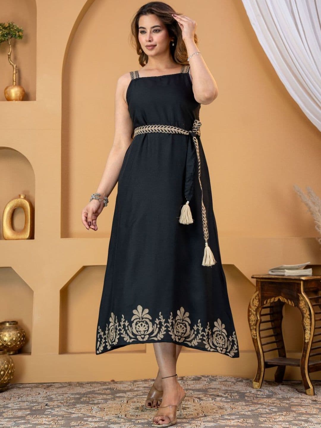 Jyoti Ethnic Motifs Embroidered A-Line Midi Dress thumbnail 4