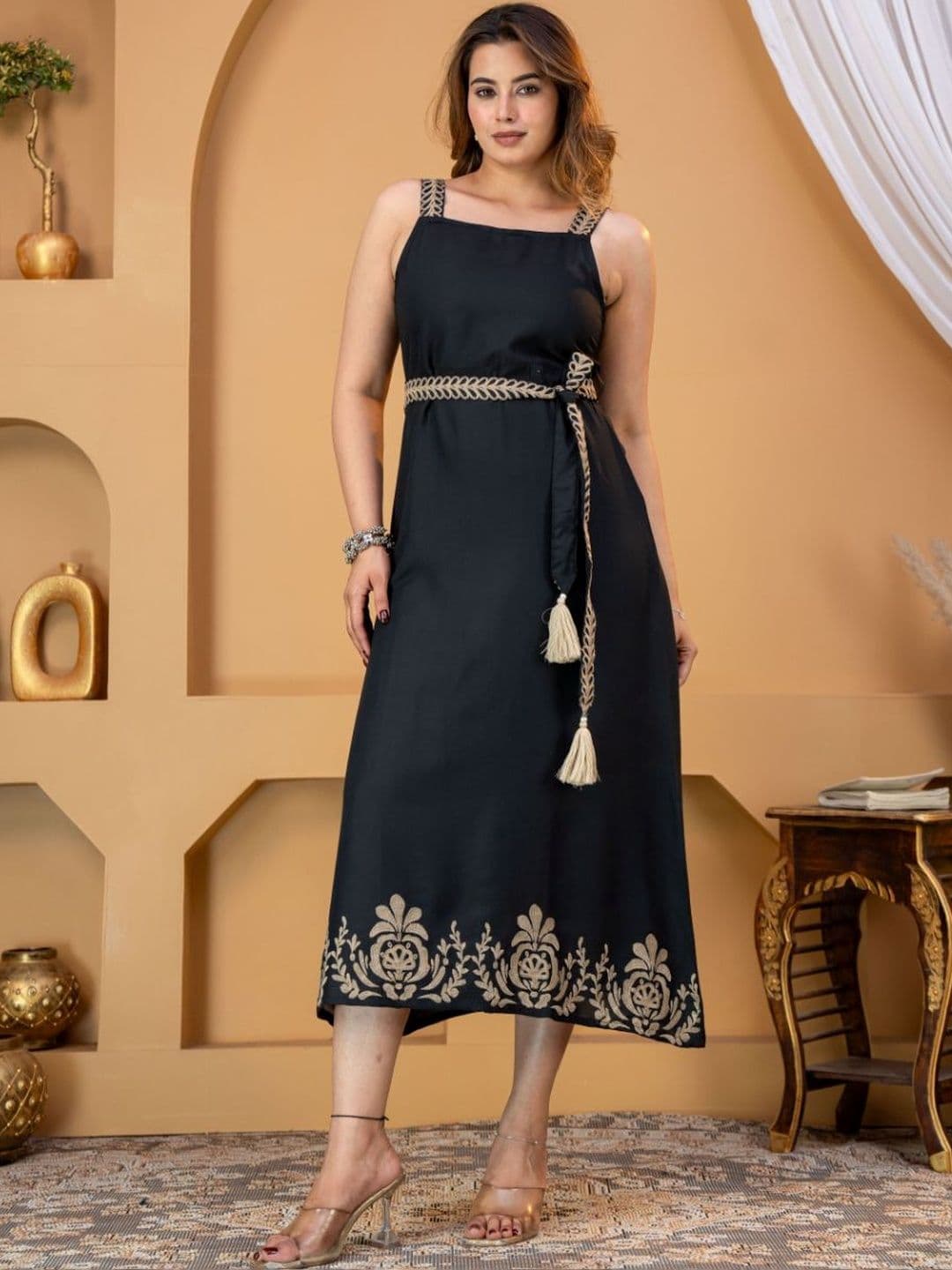 Jyoti Ethnic Motifs Embroidered A-Line Midi Dress thumbnail 3