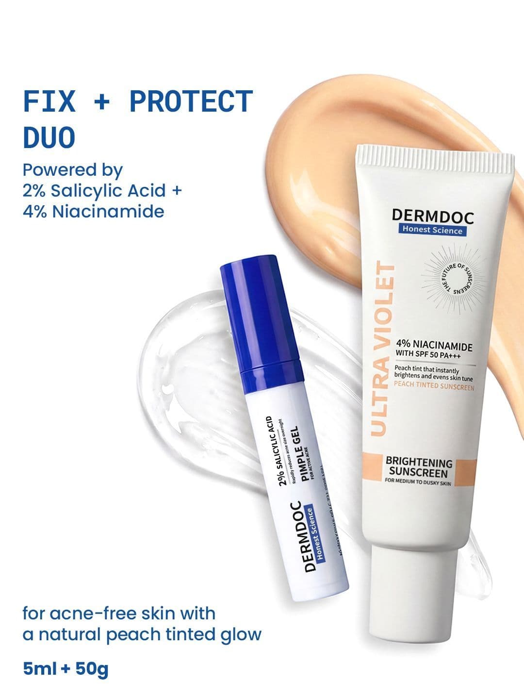 DermDoc Set Of 2 SPF 50 Peach Tinted Sunscreen -50 g & 2% Salicylic Acid Pimple Gel - 5ml - view 1