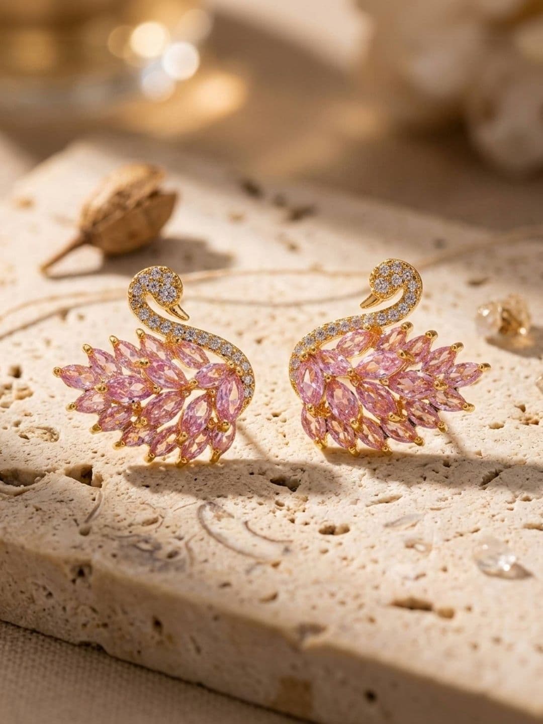 AKISON JEWELS Gold-Plated Cubic Zirconia Studded Animal Shaped Studs Earrings thumbnail 2