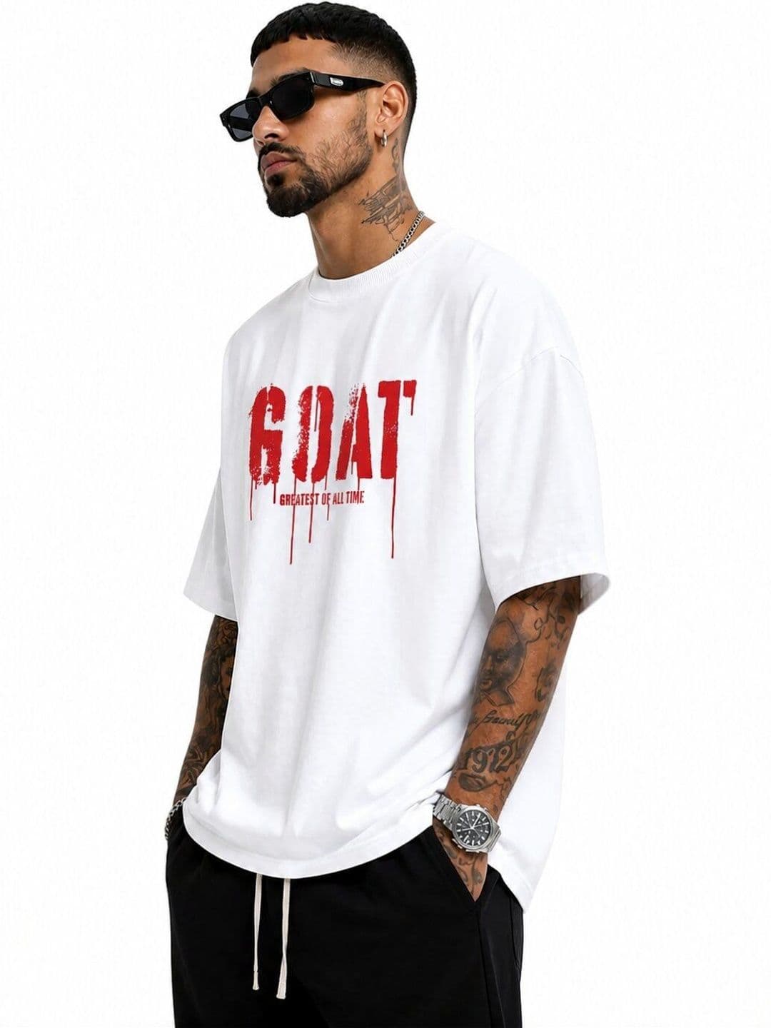 HASTEN GOAT Typography Printed Round Neck Oversized T-shirt thumbnail 3