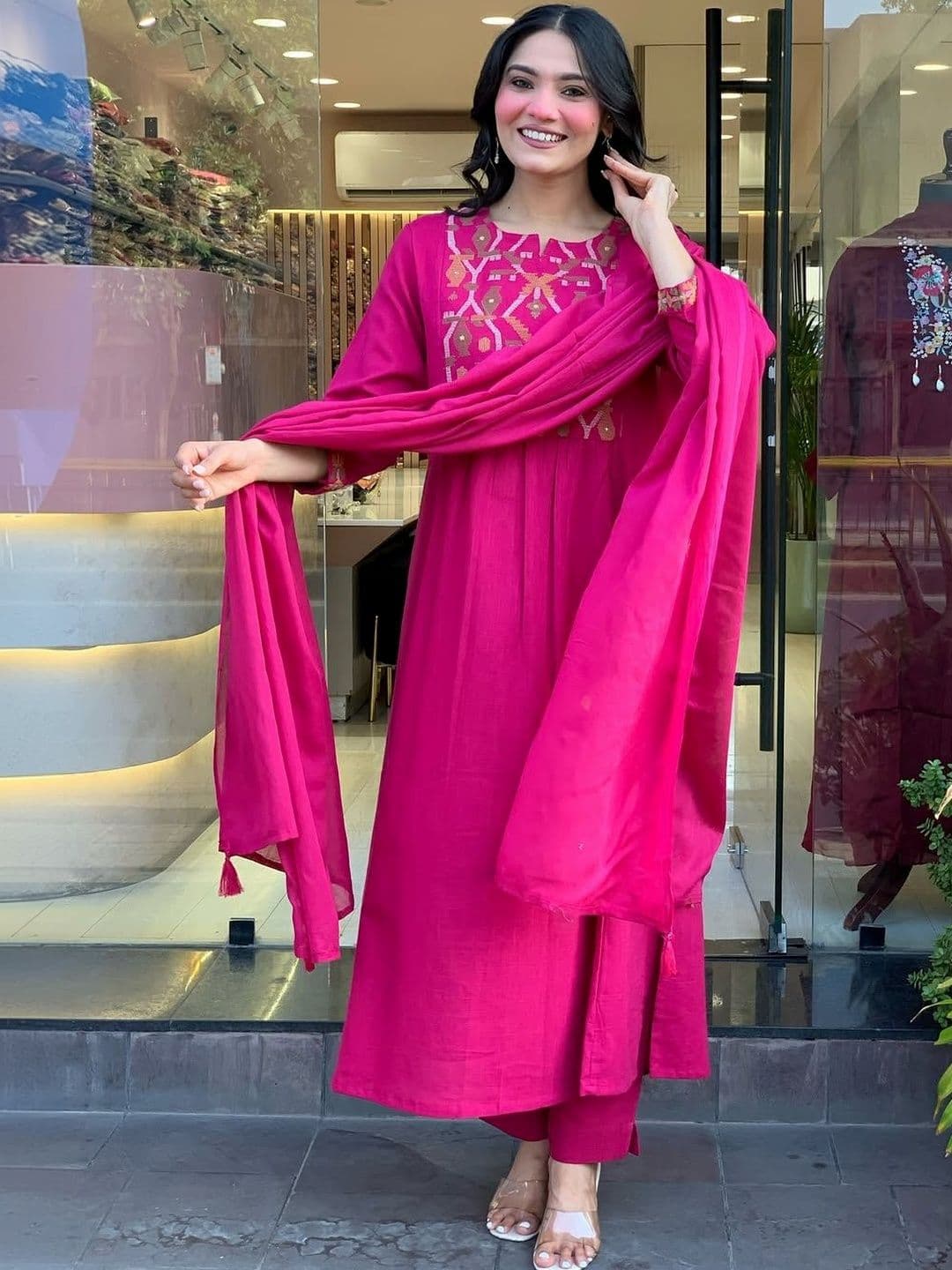 ANAND Women Ethnic Motifs Embroidered Pleated Thread Work Kurta with Trousers & With Dupatta - view 1