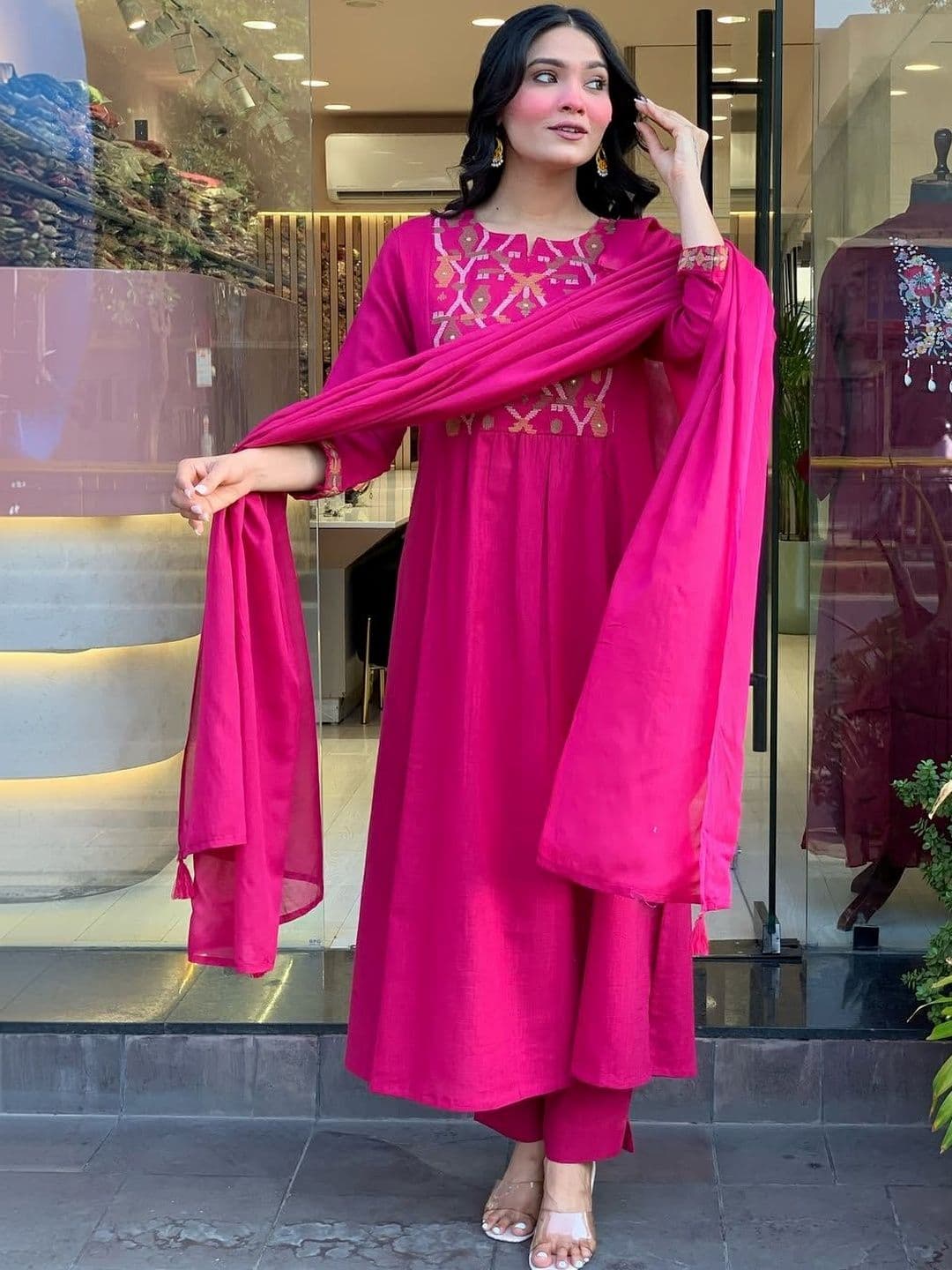 ANAND Women Ethnic Motifs Embroidered Pleated Thread Work Kurta with Trousers & With Dupatta thumbnail 2