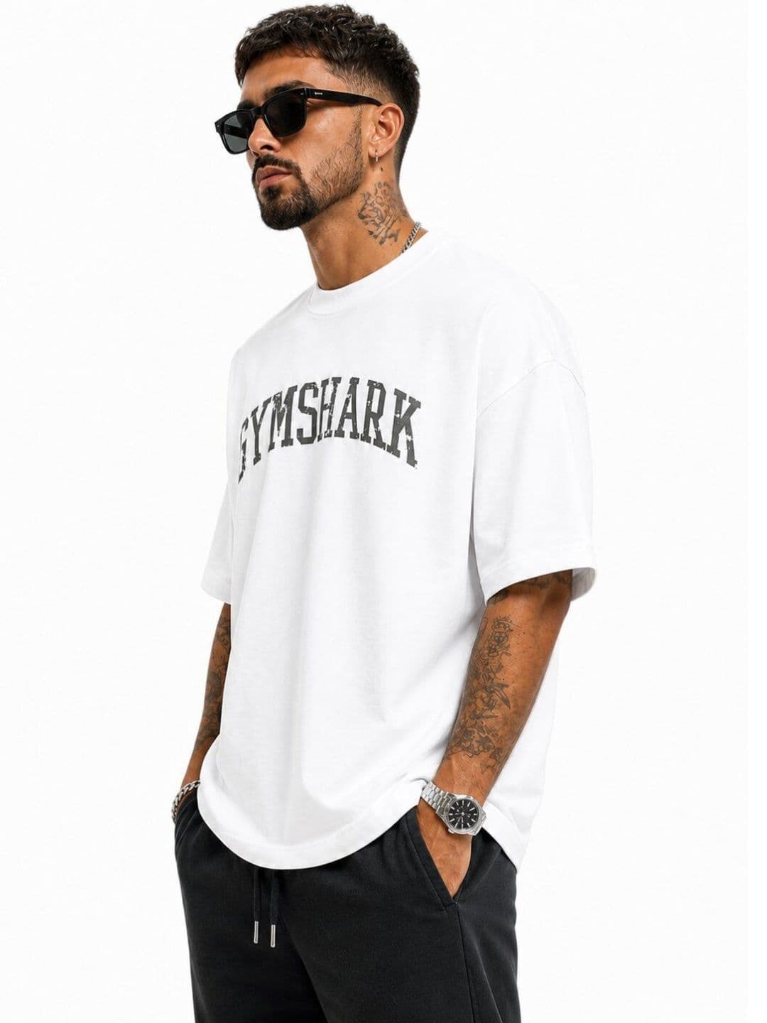 HASTEN GYMSHARK Brand Logo Round Neck Oversized T-shirt thumbnail 2